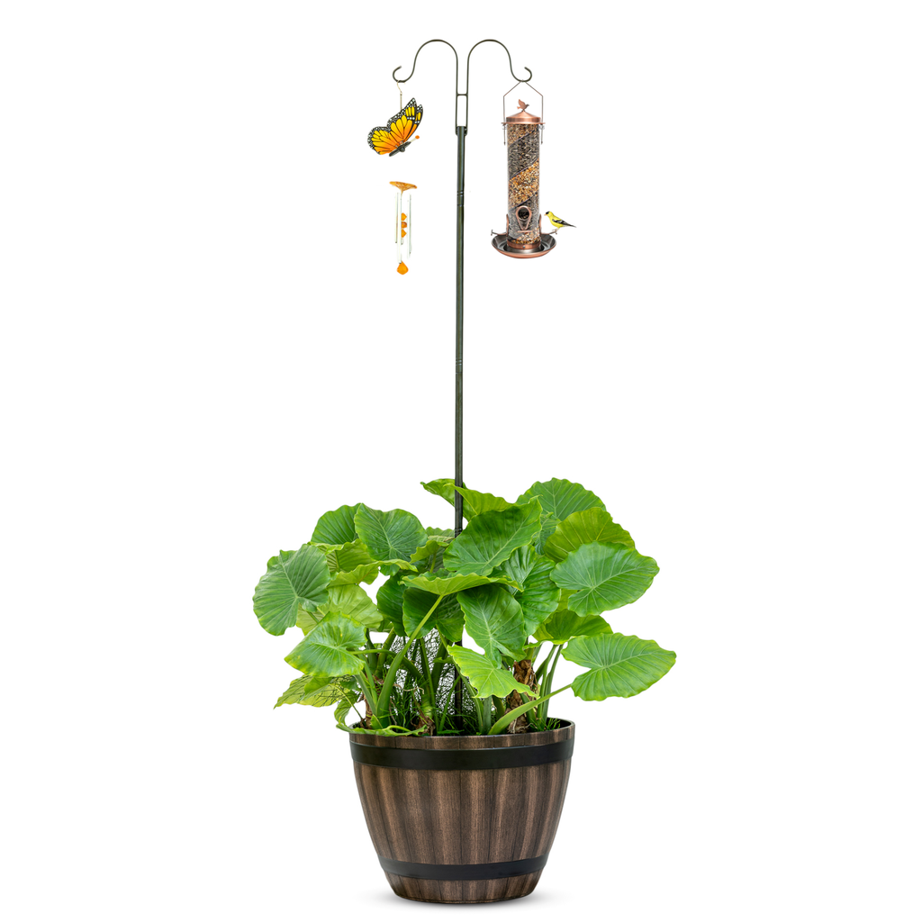 Whisky Barrel Style Planter with Shepherd Hook, 20 in. Diameter
